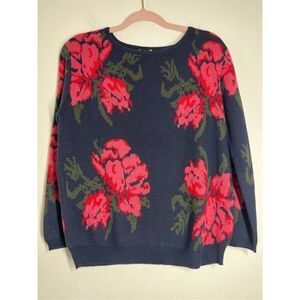 Danity  Blue & Red Floral Ribbed-Trim Crewneck Sweater - Women Size M 5% Angora